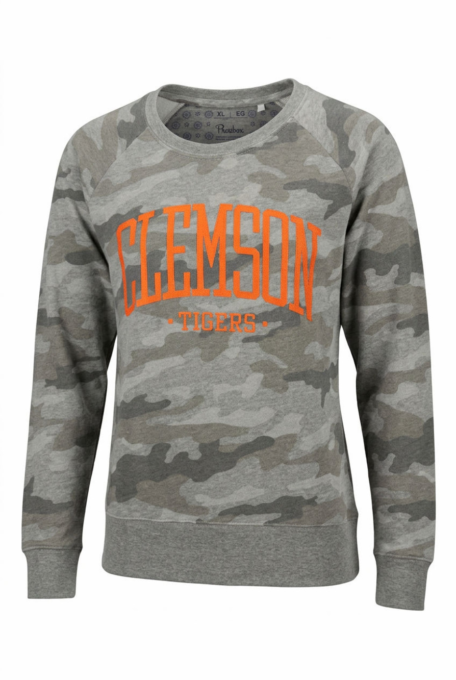 Pressbox Clemson Tigers Women's Camo Crewneck Sweatshirt